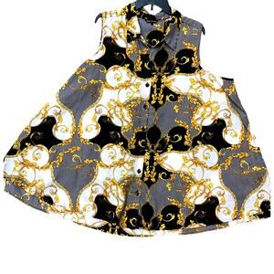 UNIQUE SPECTRUM SLEEVELESS FLARED BUTTON UP TUNIC TOP BLACK GOLD CHAIN PRINT 3X